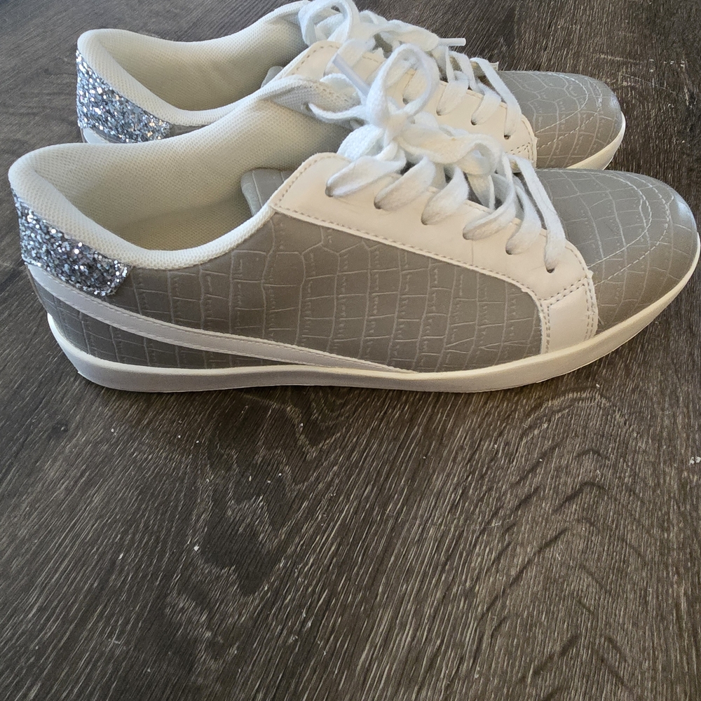 JustFab Gray and White Sneakers with Glitter Accent